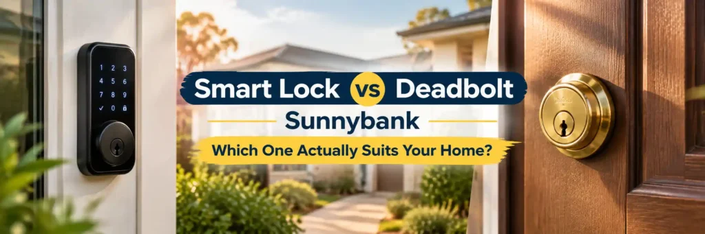 Smart lock and traditional deadbolt compared on a Sunnybank residential front door