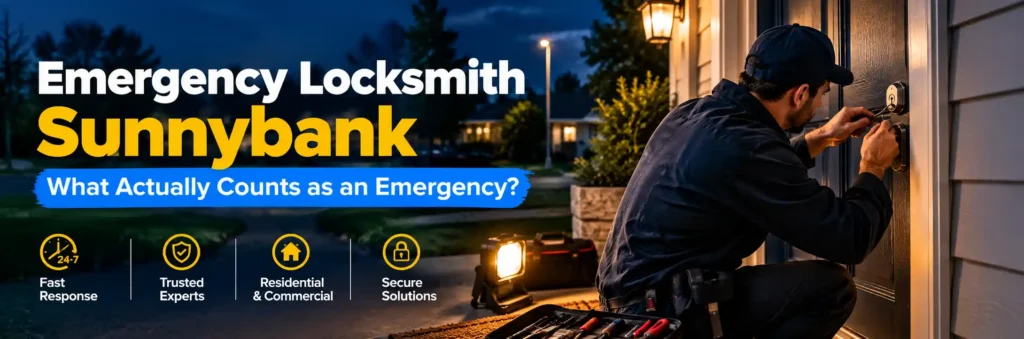 Emergency locksmith in Sunnybank working on a residential front door lock at night